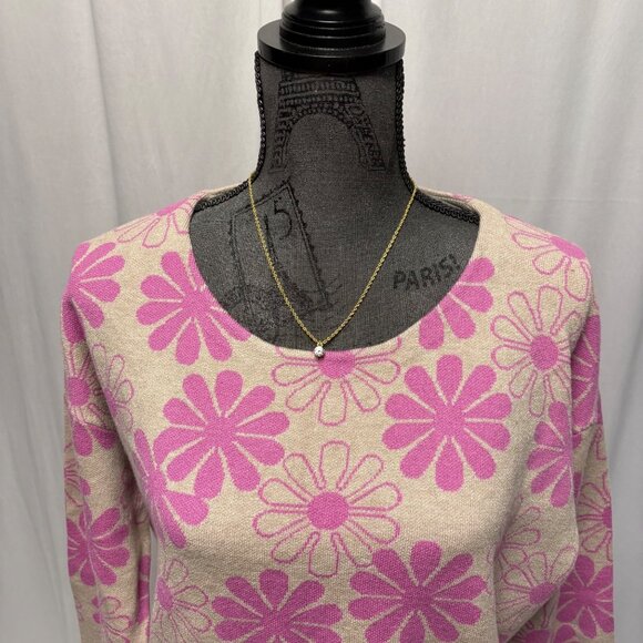 Rachel Zoe Sweater Womens Sz Large Pink Beige Floral Long Sleeve Retro Whimsical - Picture 2 of 7